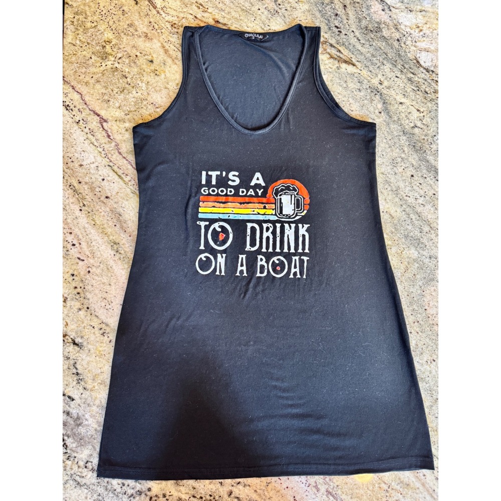 Chaolilai Womens Graphic Tank Top Black Drink On A Boat Retro Beer Size M - Picture 2 of 8